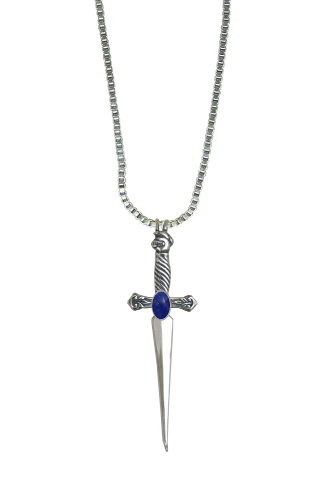 Sterling Silver Detailed Knight's Sword Pendant With Lapis Lazuli